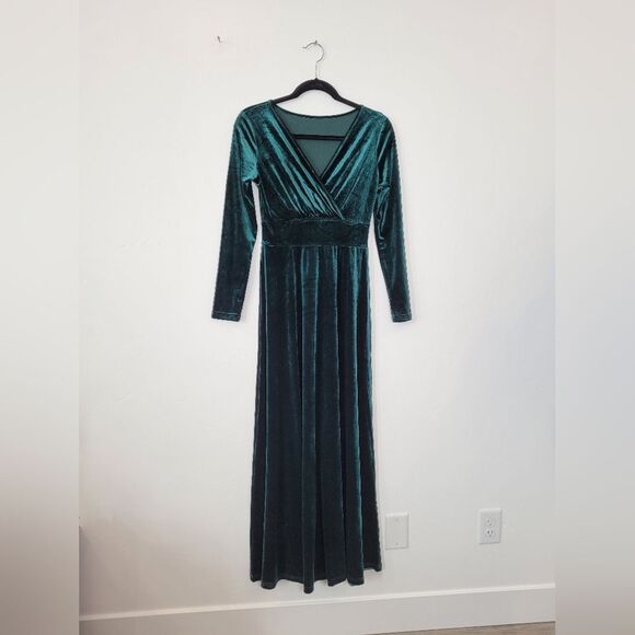 Emerald Green Velvet Maxi Dress Empire Waist Babydoll Regency Renfaire Small - Picture 6 of 9